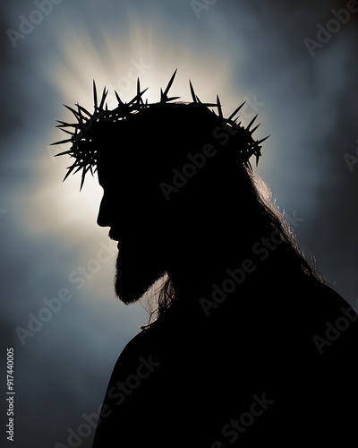 Silhouette of Jesus Wearing Crown of Thorns, Symbolizing Sacrifice and Redemption
