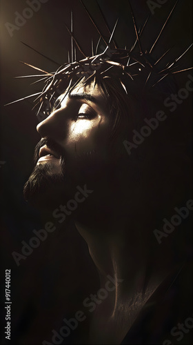 Jesus' countenance is solemn, his crown filled with sharp thorns, emphasizing the image of his suffering for the sins of humanity.