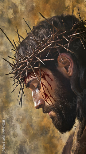 Jesus' countenance is solemn, his crown filled with sharp thorns, emphasizing the image of his suffering for the sins of humanity.