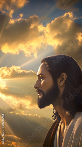A realistic portrayal of Jesus Christ, serene expression, gazing downward, amidst a bright