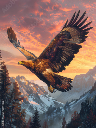 Radiant Eagle Soaring at Sunset Above Majestic Mountain, Front View with Wings Fully Extended in Golden Light