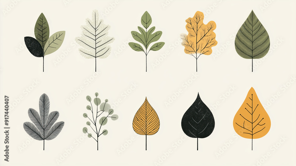 Fototapeta premium minimalistic illustration of different common leaves of trees and natural motives 