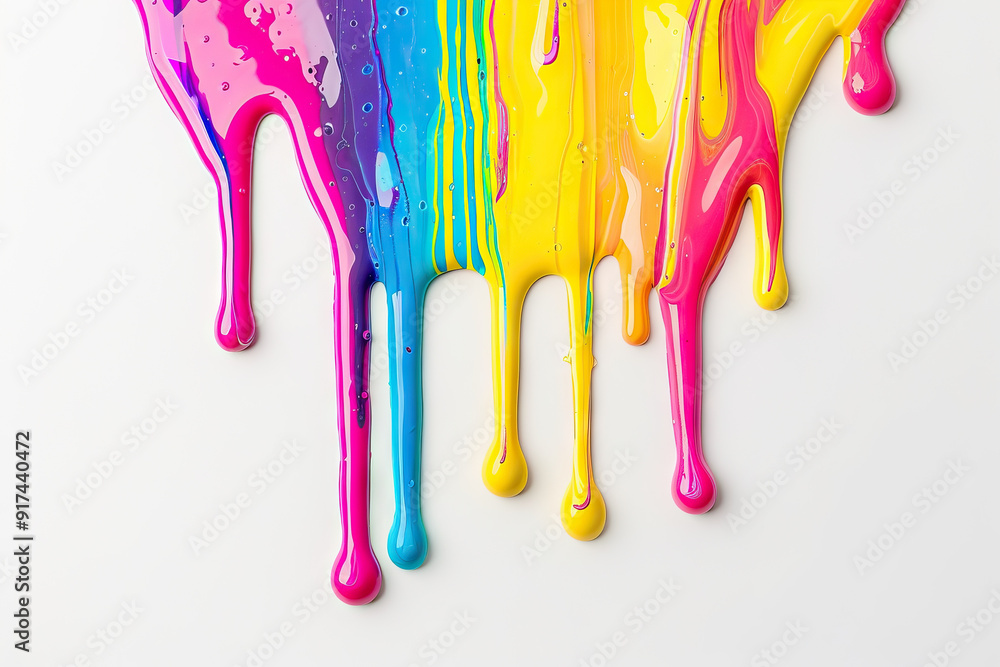Naklejka premium Vibrant paint drips creating a dynamic and artistic flow of colors on a clean white background, perfect for creative design elements