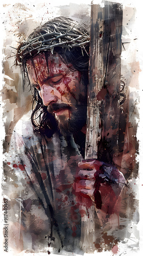Digital Watercolor painting  of Jesus Carrying the Cross in Calvary