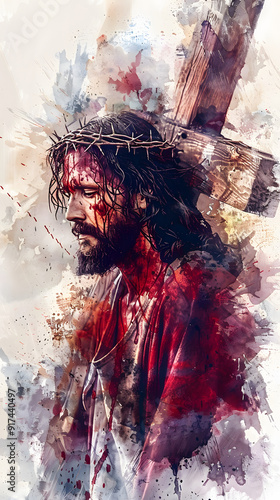 Digital Watercolor painting  of Jesus Carrying the Cross in Calvary