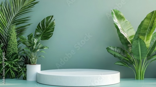 White Pedestal with Green Plants Against a Green Wall