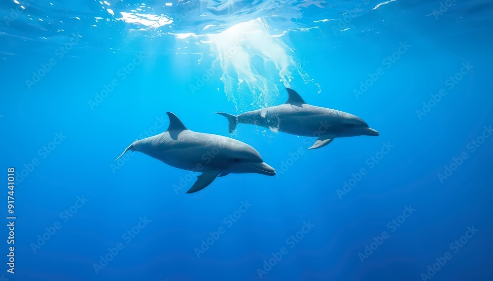 Fototapeta premium Two Dolphins Swimming in the Blue Ocean.