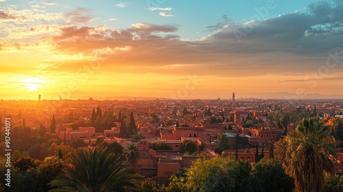 Sunset Over a Cityscape with Palm Trees and a Tall Tower