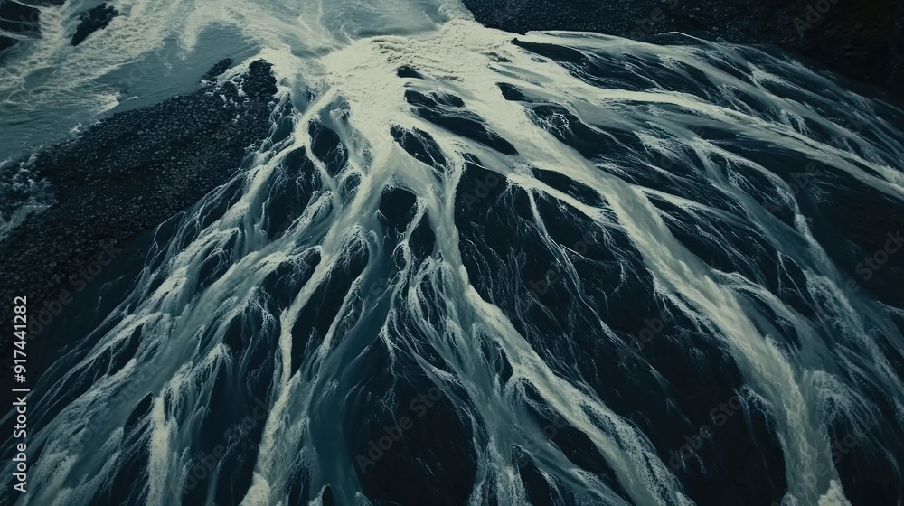 Aerial View of a River Branching Out Over a Dark, Rocky Landscape