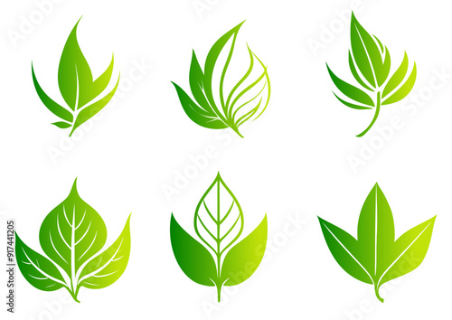 Green leaves icon set, design for product labels, natural, eco, vegan, recycled and organic