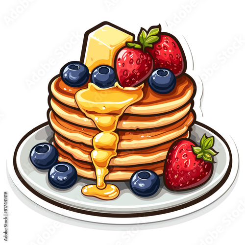 Pancakes with berries and honey on plate. Vector illustration.