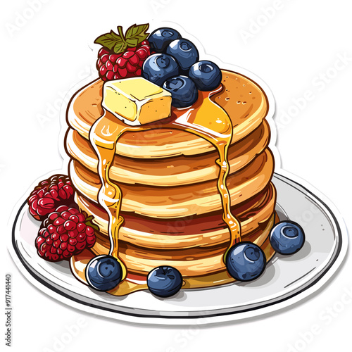 Pancakes with berries and honey on plate. Vector illustration.