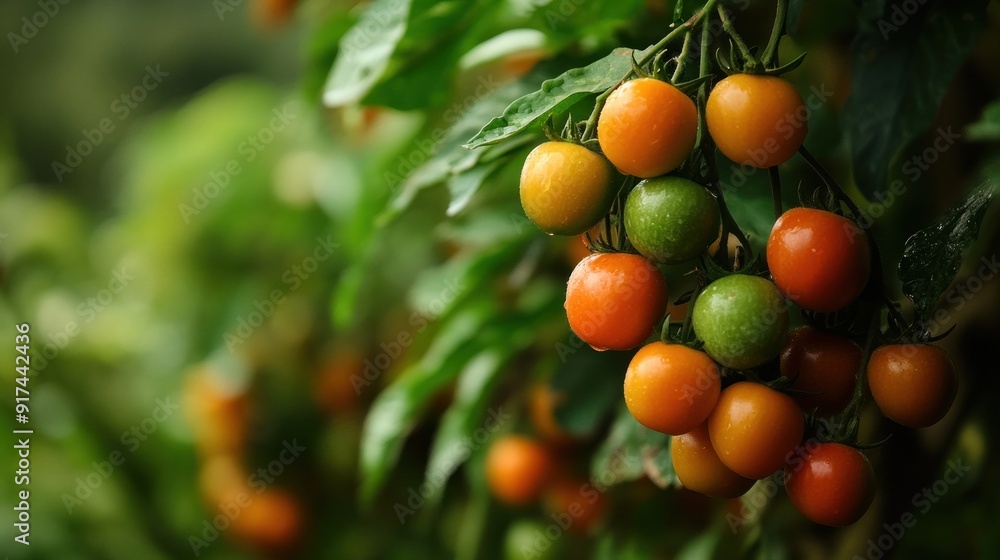 Close-up of Ripe and Unripe Cherry Tomatoes on Vine Close-up of Ripe and Unripe Cherry Tomatoes on Vine