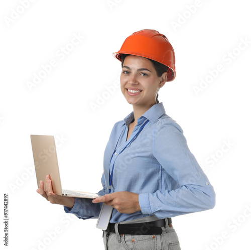 Engineer in hard hat with laptop on white background