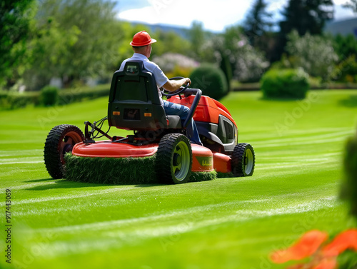 A man is riding a lawn mower on a lush green lawn. The mower is equipped with a grass catcher, which is being used to collect the grass clippings. Concept of productivity and care for the lawn