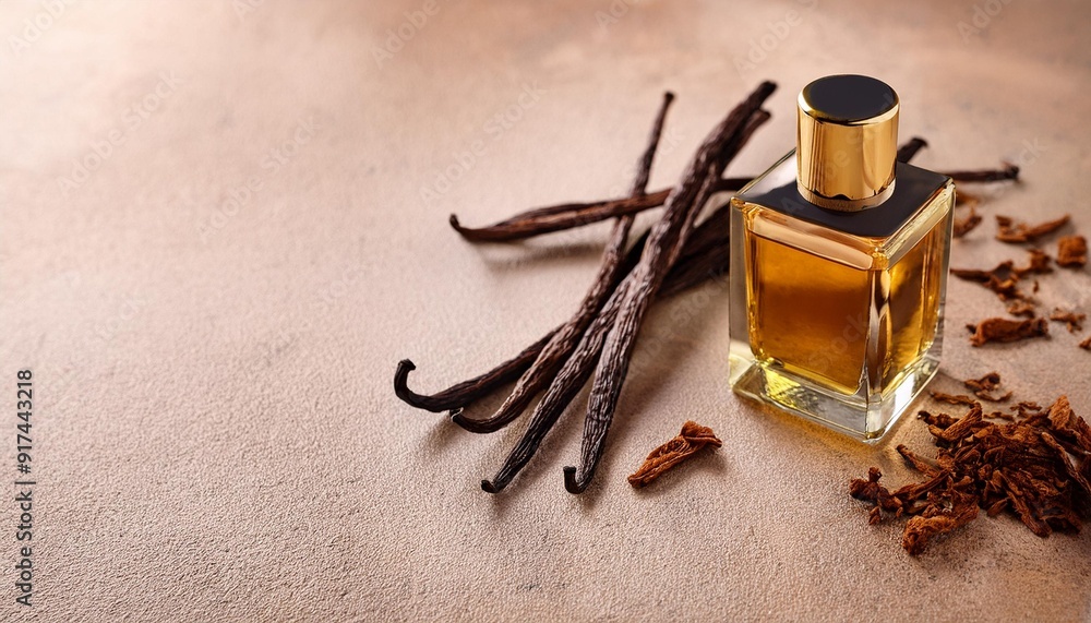 perfume bottle with gold cap with a luxury aroma of vanilla and tobacco notes on a beige stone background with natural vanilla sticks and tobacco.