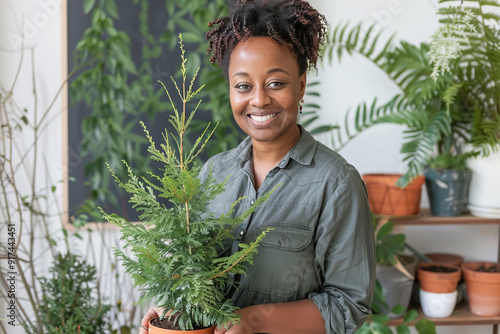 Portrait of smiling young african american female florist holding plant