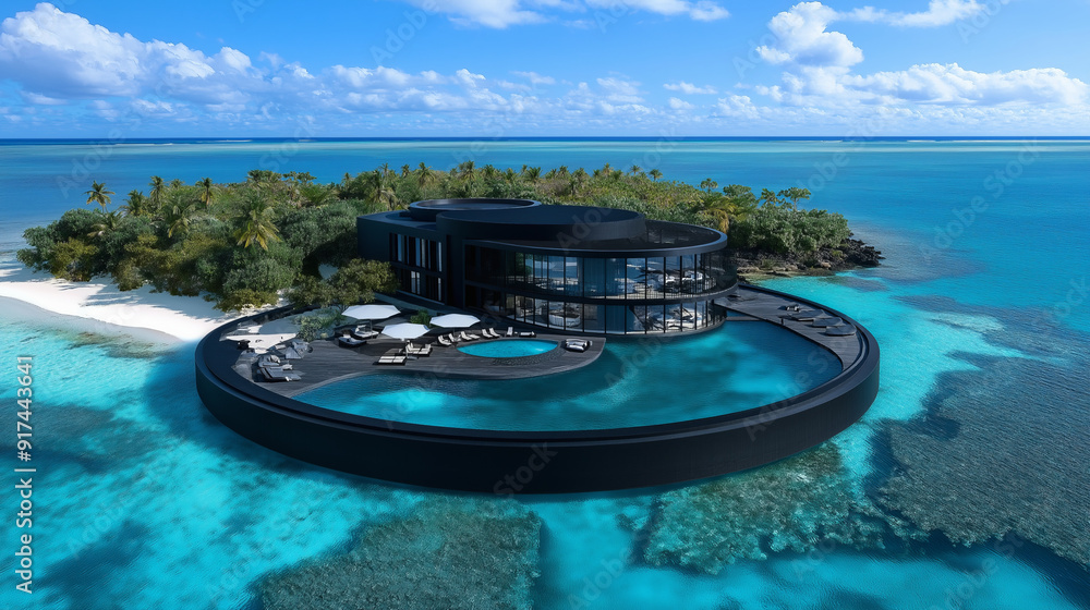 Obraz premium Modern black luxury villa on a private island with infinity pool.