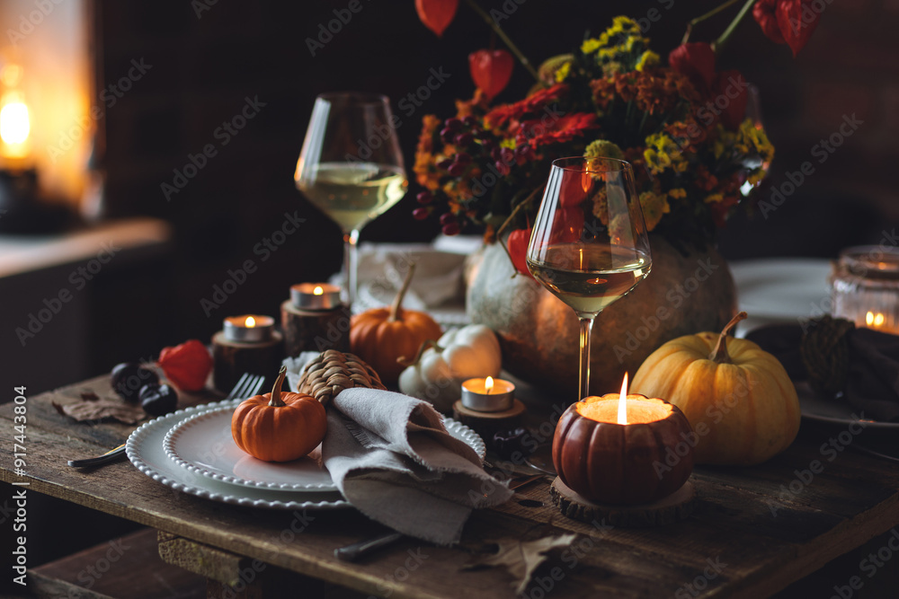 Naklejka premium Fall composition. Orange pumpkins, flowers and candles on wooden table. Family elegant Thanksgiving or halloween dinner. Cozy autumn concept, simple handmade decoration, countryside style, wine