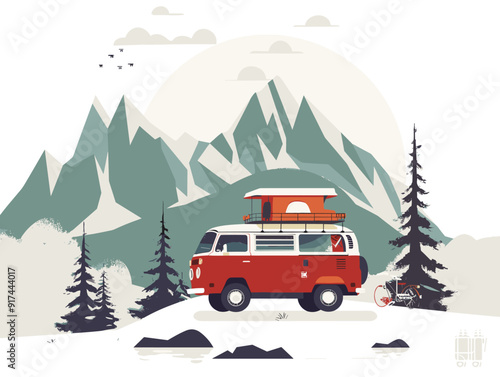 Vector illustration of a mountain landscape with a red camper van.