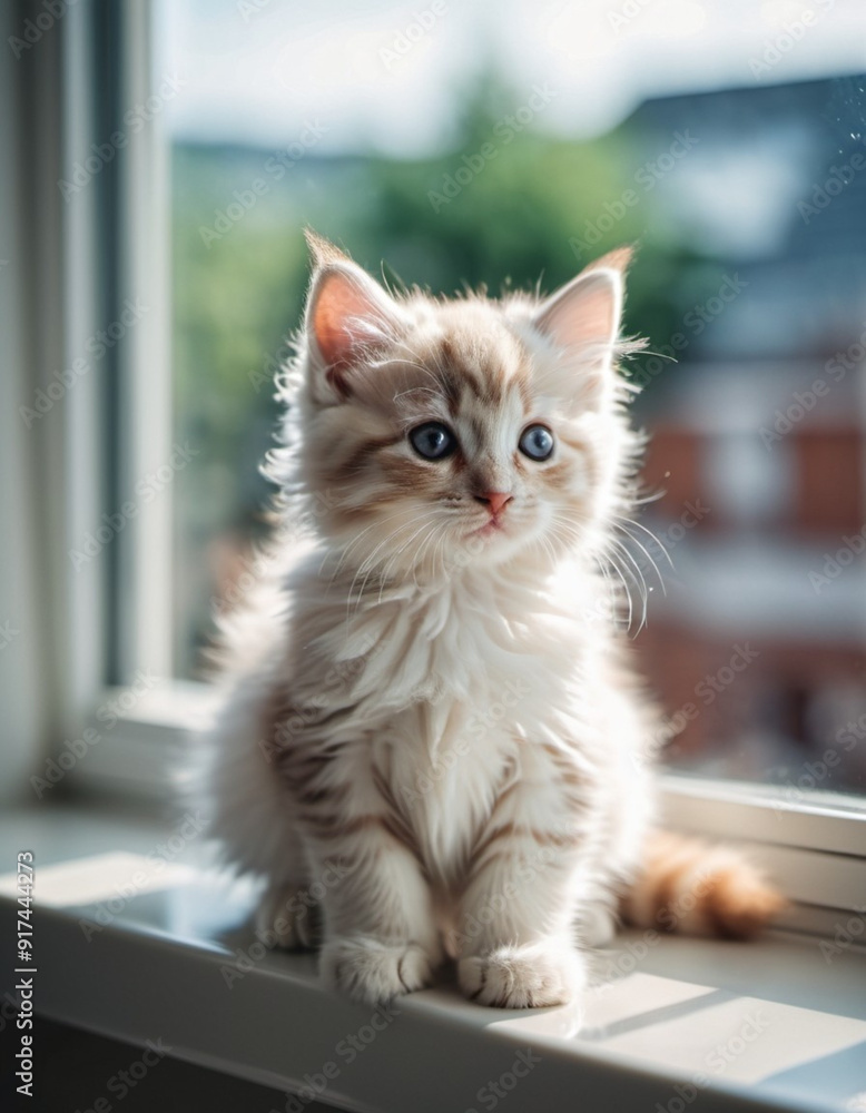 Obraz premium Ginger kitten with white markings and large blue eyes sits on windowsill. Window is out of focus, blurry cityscape in background. Warm inviting atmosphere. Caring for a pet. Cat is sad at home. AI.