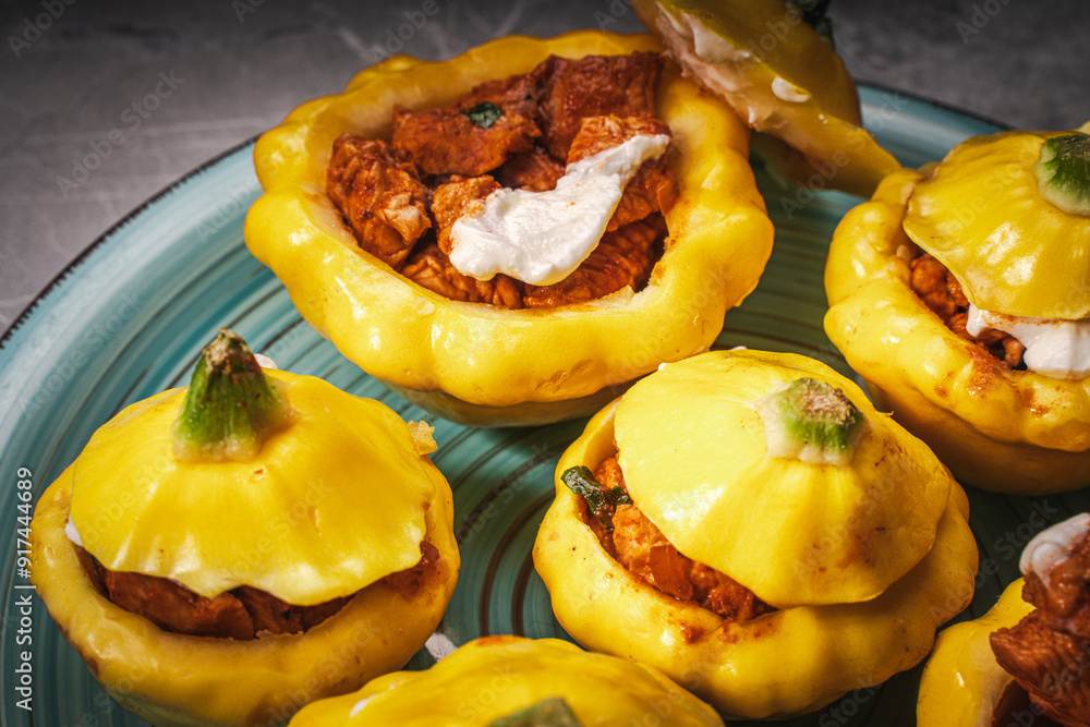 Turkey baked in pumpkin with cheese. A few stuffed pumpkins on a turquoise plate. Close-up. Turkey baked in pumpkin with cheese. A few stuffed pumpkins on a turquoise plate. Close-up.