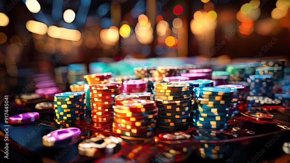 Stacks of casino chips for roulette and poker on the table, concept of gambling and casino entertainment Stacks of casino chips for roulette and poker on the table, concept of gambling and casino entertainment