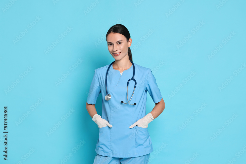 Smiling nurse in uniform on light blue background Smiling nurse in uniform on light blue background