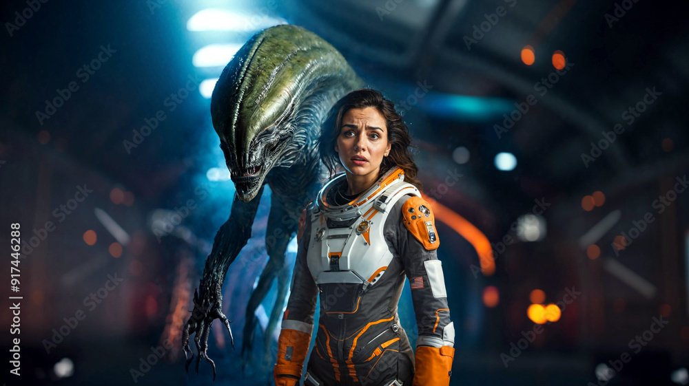 alien monster floats in spaceship, paralyzed young woman in astronaut suit, horror, sci-fi, future, fear of death, space alien monster floats in spaceship, paralyzed young woman in astronaut suit, horror, sci-fi, future, fear of death, space