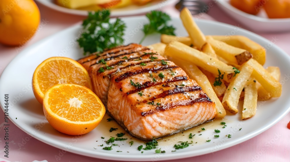 A plate of French fries and grilled salmon, with lemon on the side, was placed in front of me at an American restaurant A plate of French fries and grilled salmon, with lemon on the side, was placed in front of me at an American restaurant