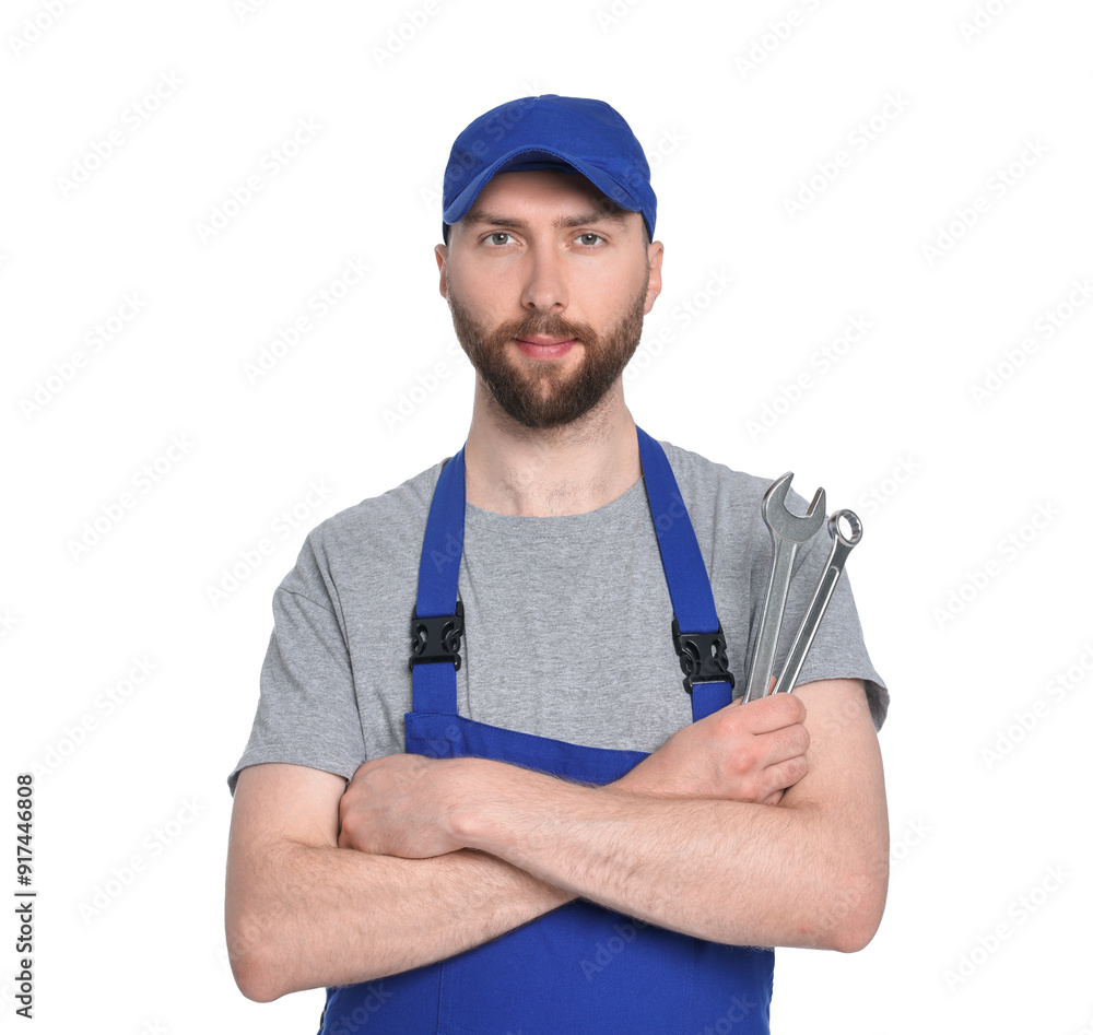Professional auto mechanic with tools on white background Professional auto mechanic with tools on white background