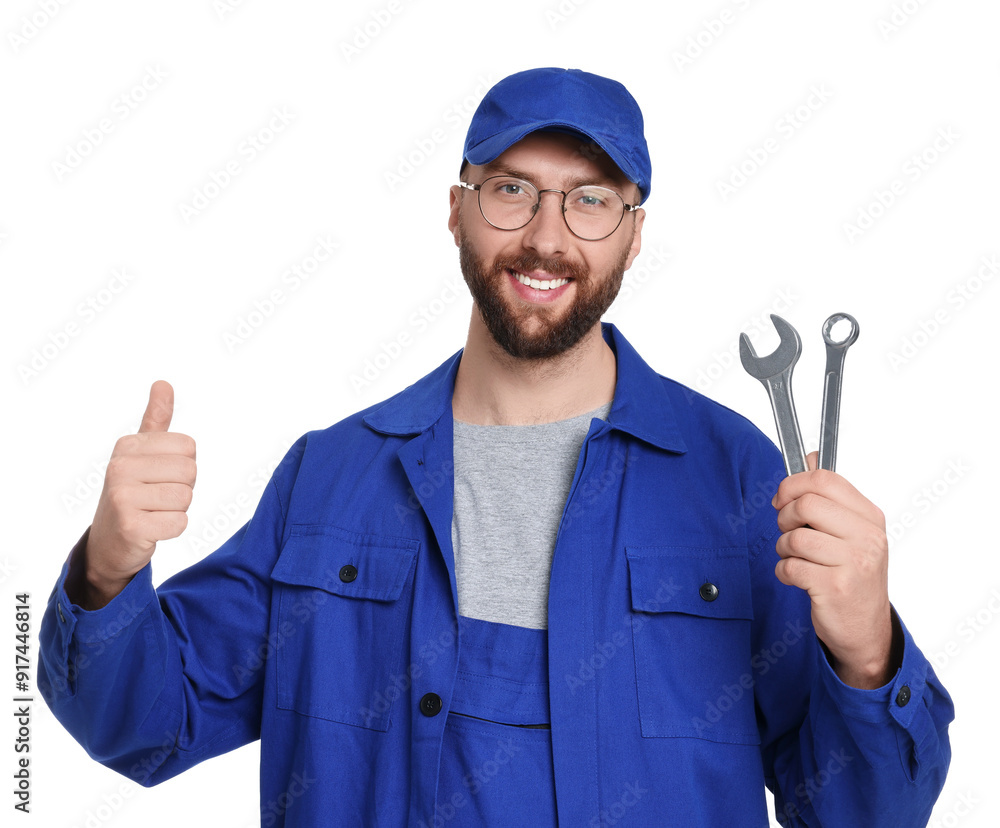 Professional auto mechanic with tools on white background Professional auto mechanic with tools on white background