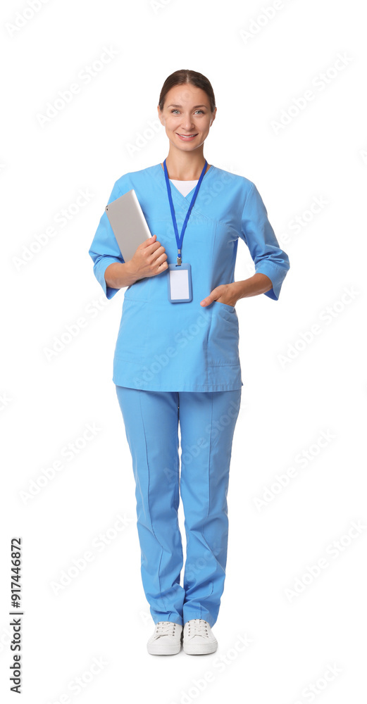 Nurse in medical uniform with tablet on white background Nurse in medical uniform with tablet on white background