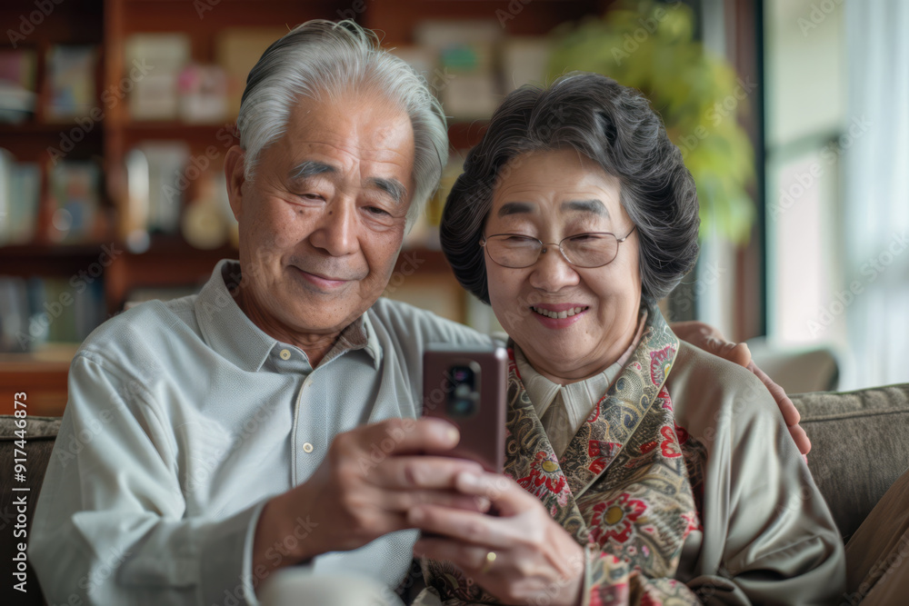 A Senior Japanese Couple Enjoying Their Mobile A Senior Japanese Couple Enjoying Their Mobile