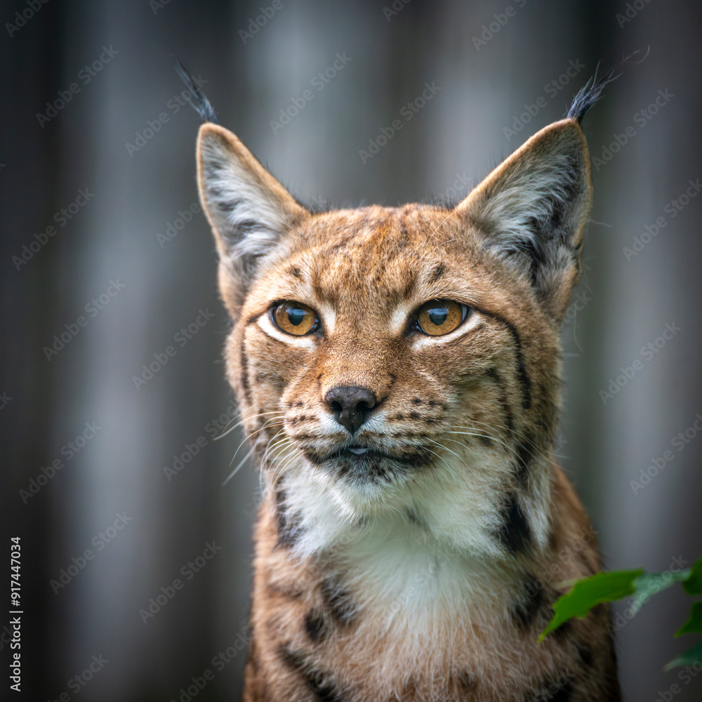 Obraz premium A lynx, a medium-sized wild cat with pointed ears and fur, sits in the grass in the forest. The lynx looks for potential prey or threats in its natural habitat