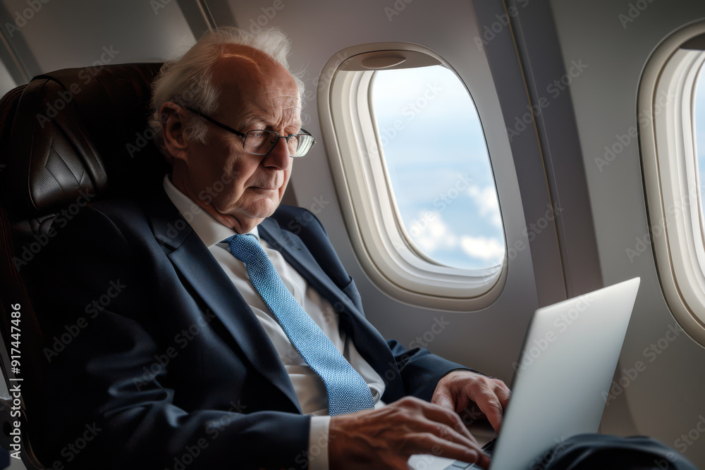 The Mobile Office, Senior Businessman Working on a Plane The Mobile Office, Senior Businessman Working on a Plane
