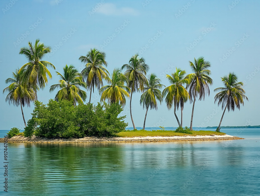 A small island with palm trees and a body of water A small island with palm trees and a body of water
