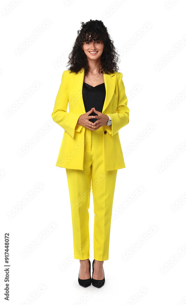Beautiful young woman in stylish yellow suit isolated on white Beautiful young woman in stylish yellow suit isolated on white