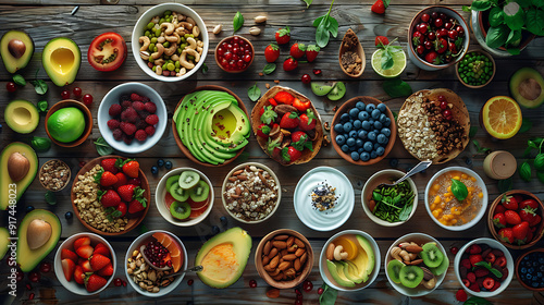 healthy food table top view featuring avocado toast, fresh fruits like strawberries and blueberries, bowls of yogurt with granola and nuts, directly above view, all arranged on a rustic wooden table.