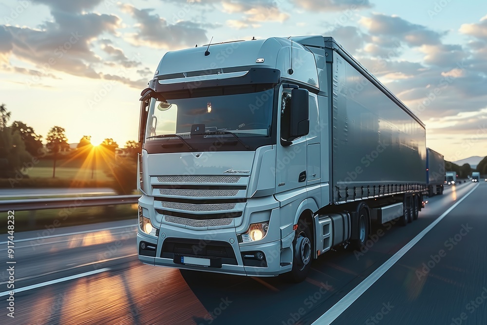 Modern Semi Truck Traveling on a Highway at Sunset Modern Semi Truck Traveling on a Highway at Sunset