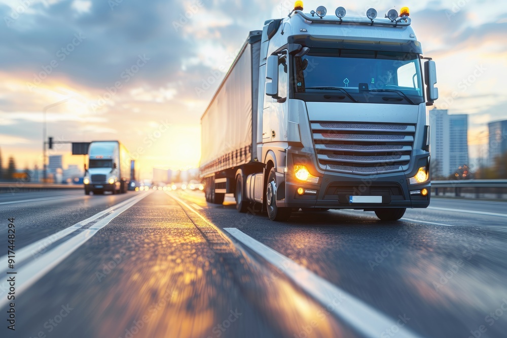 Semi Truck Driving on Highway at Sunset Semi Truck Driving on Highway at Sunset