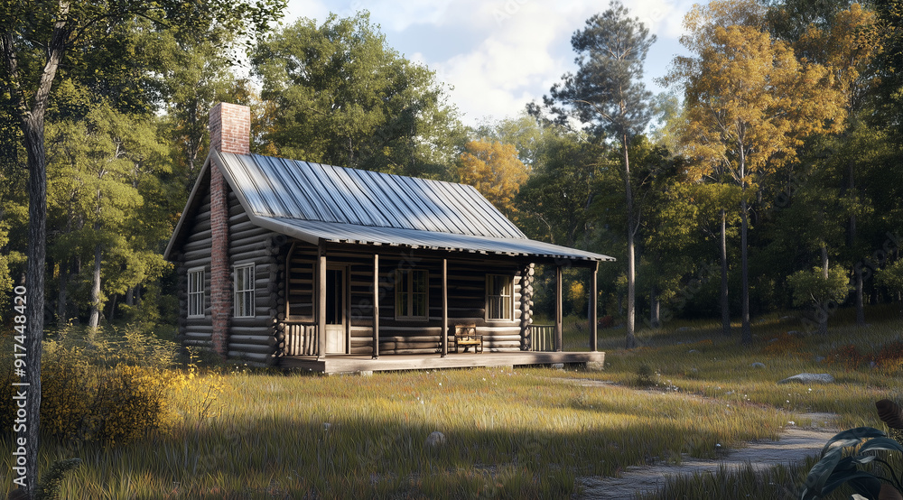 Fototapeta premium Cozy Single-Story Cabin with a Gambrel Roof in Wooded Solitude
