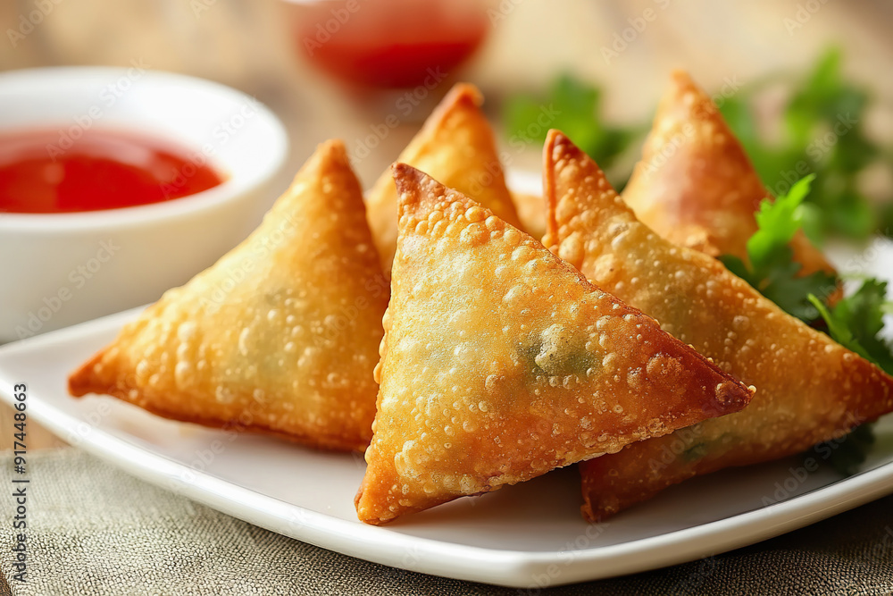 Crispy fried vegetable samosas served with dipping sauce on a rustic table Crispy fried vegetable samosas served with dipping sauce on a rustic table