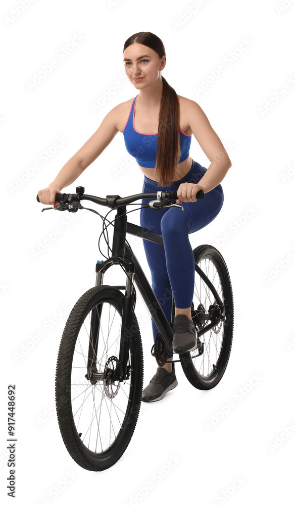 Beautiful young woman riding bicycle on white background Beautiful young woman riding bicycle on white background
