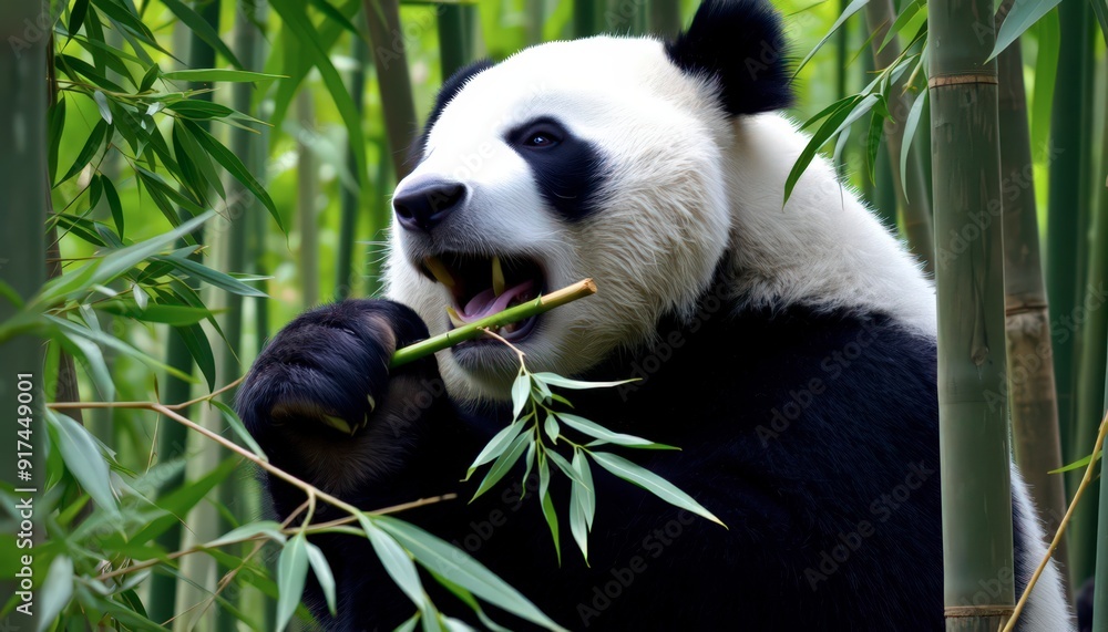 Obraz premium Panda Eating Bamboo in a Lush Forest.