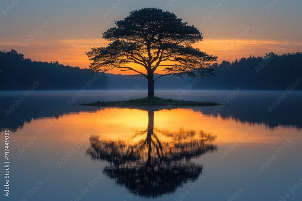 Solitary Tree Silhouetted on an Island at Sunset Reflected in a Calm Lake Solitary Tree Silhouetted on an Island at Sunset Reflected in a Calm Lake