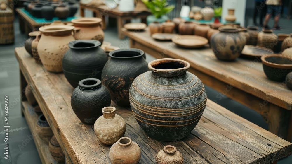 Ancient pottery displayed at archaeological event, historical showcase, past ceramics, copy space, all objects in focus, deep depth of field. Ancient pottery displayed at archaeological event, historical showcase, past ceramics, copy space, all objects in focus, deep depth of field.