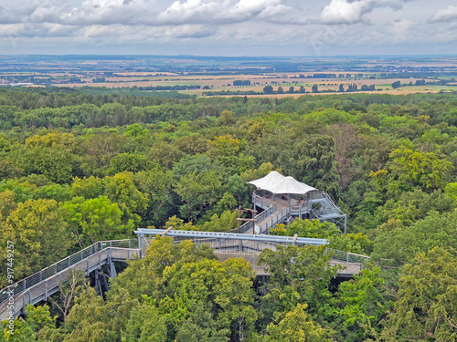 Tree top walk with pavilion in a beech (genus Fagus) tree forest in UNESCO World heritage listed Hainich Nationalpark in Germany