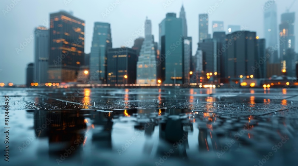 Fototapeta premium Calm cityscape in light rain promoting calmness with copy space and deep depth of field.