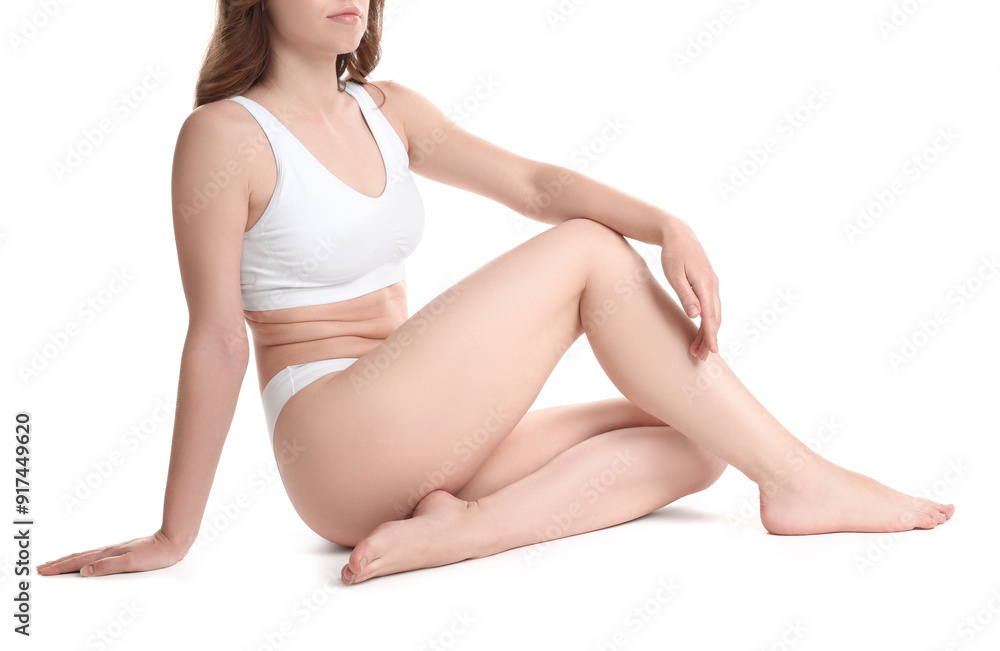 Woman with slim body posing on white background, closeup Woman with slim body posing on white background, closeup